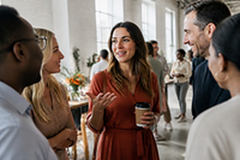 A woman laughing with a group at a networking event